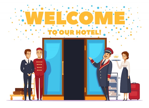 Vetor grátis boa vinda ao cartaz dos desenhos animados do hotel