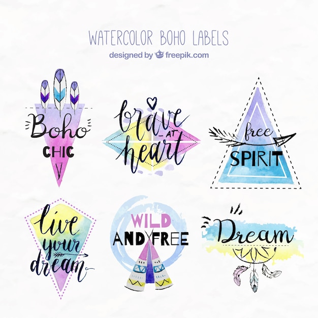 Vetor grátis boho aquarela adesivos com mensagens inspiradoras