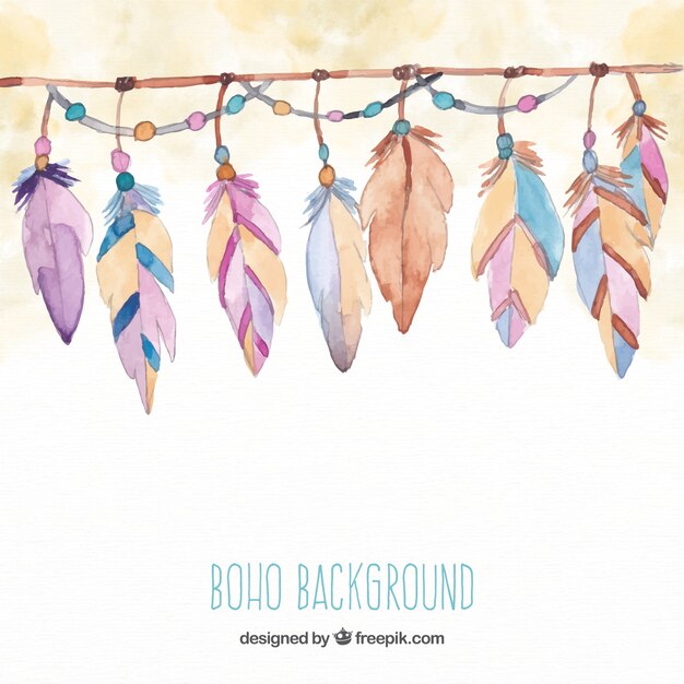 Boho fundo com penas em estilo aquarela