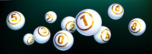 Bola de jogo de loteria de bingo realista de combinação vencedora. jogos de apostas de loteria ou keno. bolas brancas brilhantes com texto dourado de números isolados em fundo escuro. conceito de atividade de lazer de jogos.