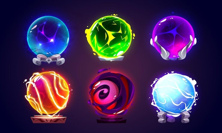 Vetor grátis bola de vidro mágica com poder de previsão de fortuna brilhante mágico ou esfera de bruxa com plasma de néon no carrinho ilustração vetorial de desenhos animados conjunto orbe espiritual assistente para bruxaria e profecia
