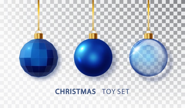 Vetor grátis bolas de árvore de natal azul com isolado em fundo transparente bolas de natal azuis penduradas realistas decoração de celebração de feriado de natal