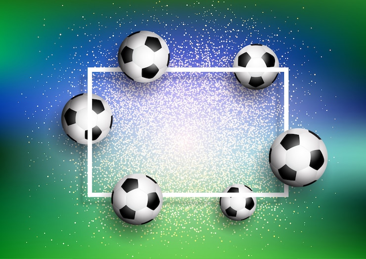 Vetor grátis bolas de futebol no fundo do brilho com moldura branca