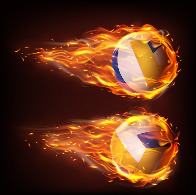 Vetor grátis bolas de vôlei voando no fogo, caindo em chamas