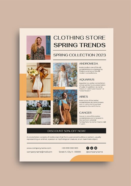 Boletim informativo de tendências de primavera para lojas de roupas estéticas modernas