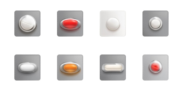 Vetor grátis bolhas únicas com cápsulas e comprimidos isolados no fundo branco maquete realista vetorial do pacote de medicamentos 3d brancos comprimidos e cápsulas vermelhas e laranja em plástico e embalagem de papel alumínio