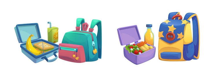 Vetor grátis bolso de escola e caixa de almoço isolados em branco