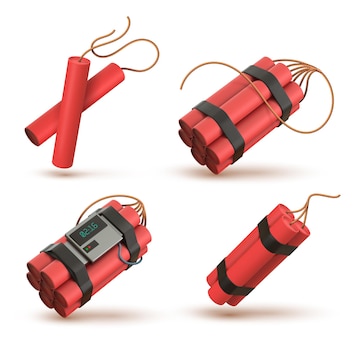 Bomba De Dinamite Vermelha 3d Realista Com Detonador Temporizador Eletronico Tnt Gruda No Pavio Arma Explosiva Pirotecnica Conjunto De Vetores De Fogos De Artificio Relogio De Contagem Regressiva Com Fusiveis Prontos Para Detonar Vetor Premium
