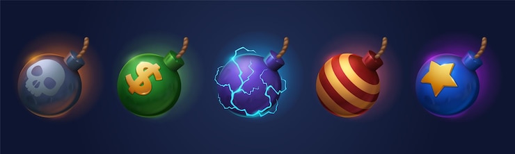 Vetor grátis bombas com fusíveis adereços ícones do jogo bolas de metal