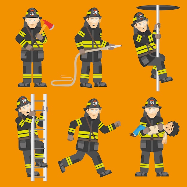 Vetor grátis bombeiro em ação 6 figuras conjunto