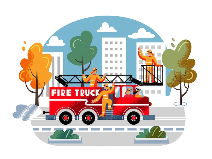 Vetor grátis bombeiros dirigindo em caminhão de bombeiros para brigada de emergência em uniformes correndo para resgatar pessoas do carro de bombeiros da equipe de bombeiros na estrada na cidade