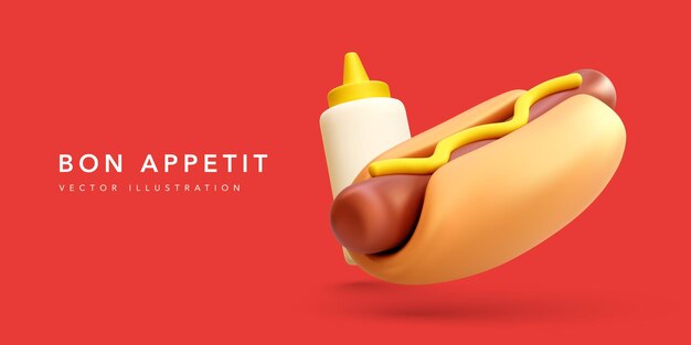 Bon appetit banner com 3d hotdog e garrafa de mostarda em fundo vermelho ilustração vetorial