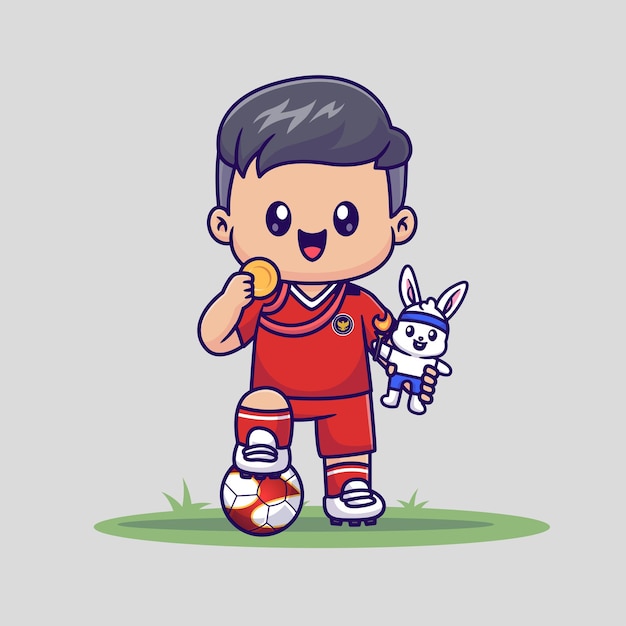 Vetor grátis boneca menino bonito futebol ganhar medalha ouro e coelho desenho animado boneca ícone ilustração vetorial ícone pessoas esporte