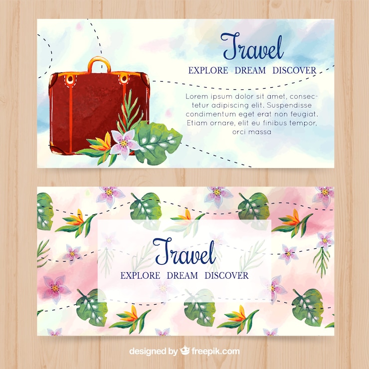 Vetor grátis bonitas banners de bagagem e flores de aguarela