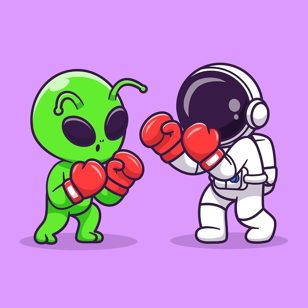 Vetor grátis bonito alien e astronauta lutando boxe desenhos animados ícone ilustração ciência esporte isolado