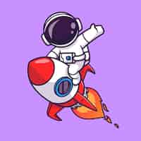 Vetor grátis bonito astronauta andando de foguete no espaço com acenando a mão dos desenhos animados vetor ícone ilustração ciência tecnologia