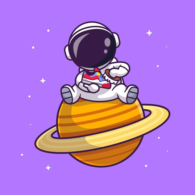 Bonito Astronauta Escovar Sapatos no Planeta Desenhos Animados Ícone Ilustração Vetorial Tecnologia Isolar