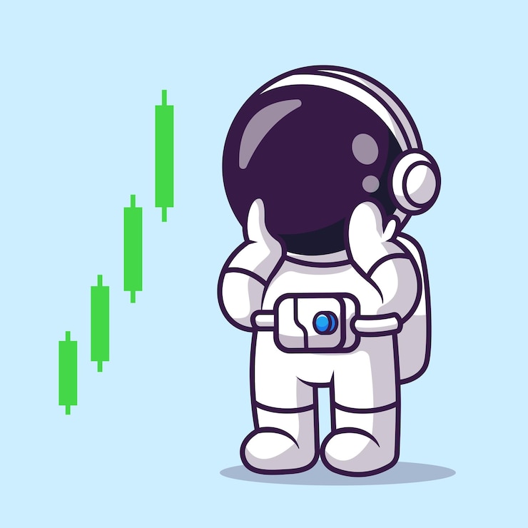 Vetor grátis bonito astronauta investimento estoque gráfico de crescimento de alta dos desenhos animados ícone ilustração vetorial finanças
