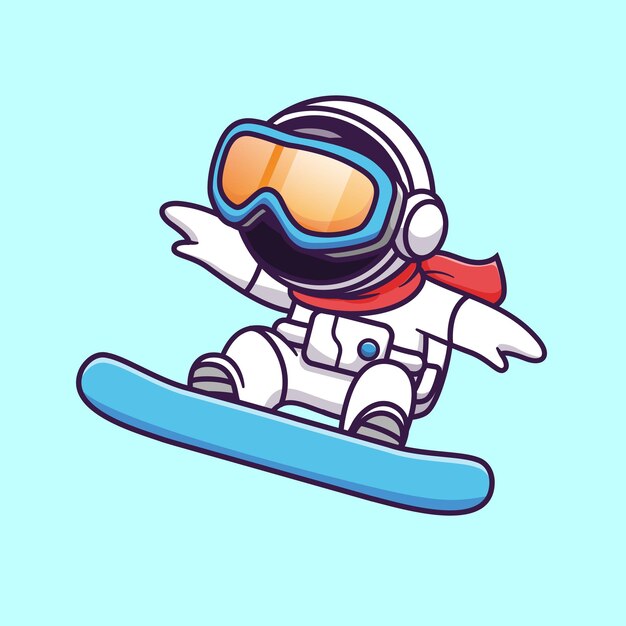 Bonito astronauta jogando Snowboard Cartoon ilustração em vetor ícone. Ícone de esporte de ciência isolado