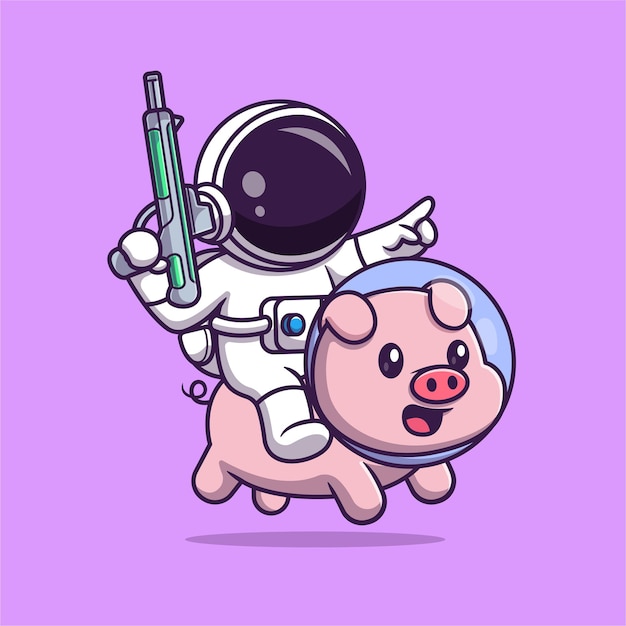 Bonito astronauta montando porco com arma espacial cartoon vetor ícone ilustração ciência animal isolado