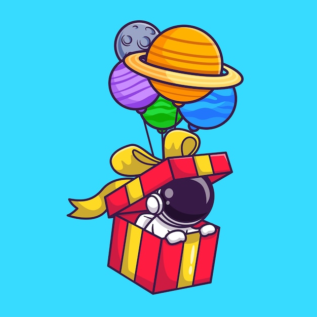 Bonito astronauta na caixa flutuando com o planeta balão desenho vetorial ícone ilustração desenho animado plano