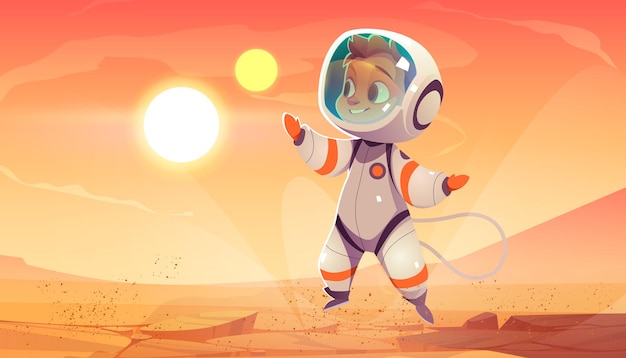 Bonito astronauta na superfície de marte. vector cartoon paisagem de planeta alienígena com solo vermelho, montanhas e astronauta de menino em traje espacial. ilustração futurista do cosmonauta no deserto marciano