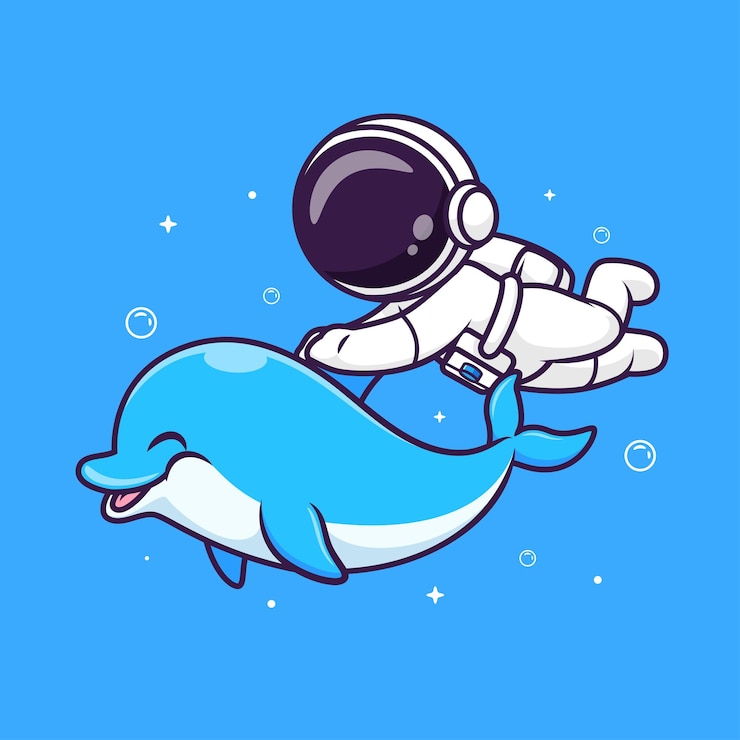 Vetor grátis bonito astronauta nadando com ilustração do ícone do vetor dos desenhos animados do golfinho natureza da ciência isolada plana