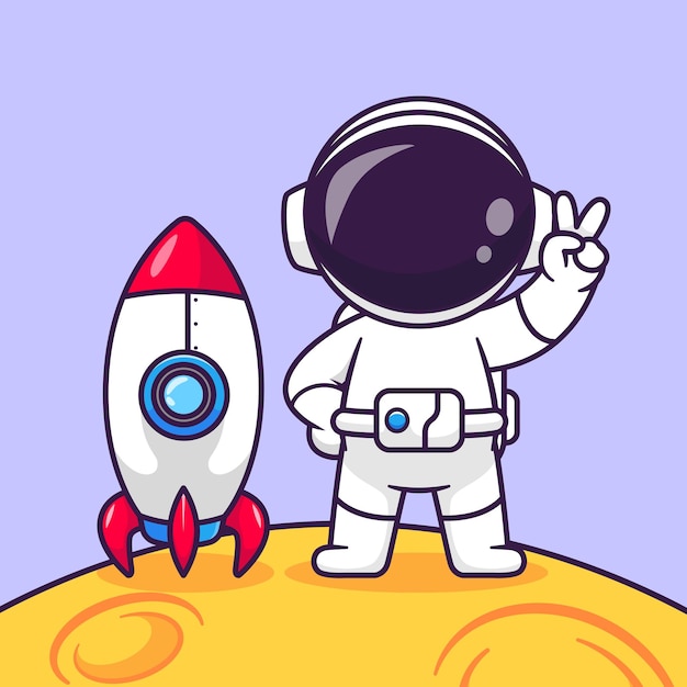 Vetor grátis bonito astronauta paz na lua com foguete desenhos animados ícone ilustração vetorial ciência tecnologia ícone