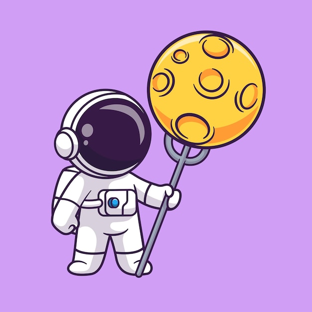 Vetor grátis bonito astronauta puxão lua com ilustração de ícone de vetor de desenho de garfo. ciência tecnologia isolada