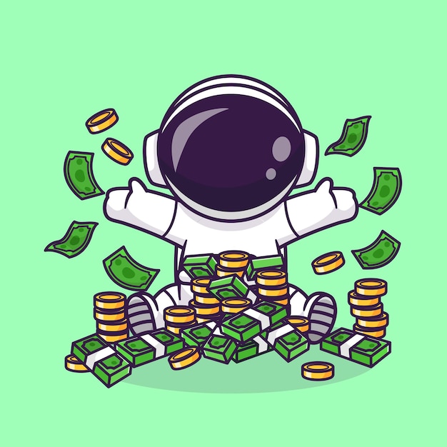 Vetor grátis bonito astronauta rico com dinheiro e moeda de ouro dos desenhos animados vetor ícone ilustração. ícone de finanças científicas