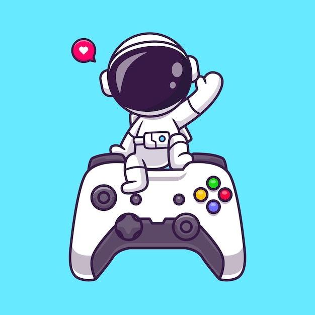 Bonito astronauta sentado no joystick e acenando a mão dos desenhos animados ícone ilustração vetorial. ciência tecnológica