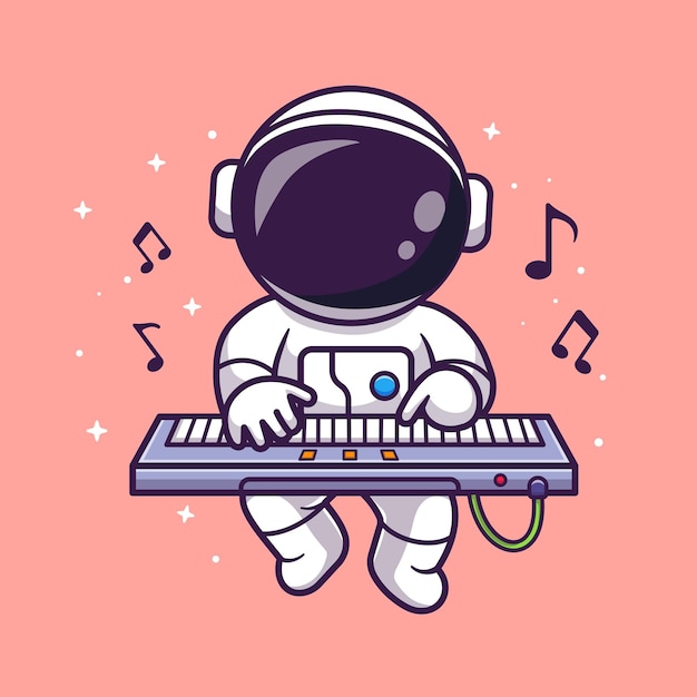 Bonito astronauta tocando teclado música piano no espaço dos desenhos animados vetor ícone ilustração. música científica