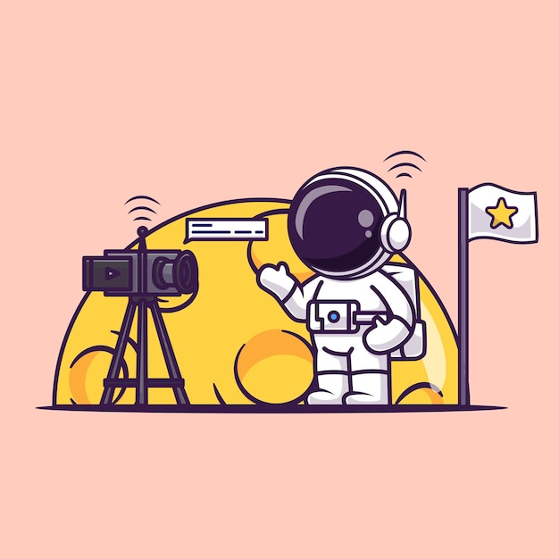 Vetor grátis bonito astronauta vlogging na ilustração de ícone do vetor dos desenhos animados da lua. ícone de ciência tecnologia isolado