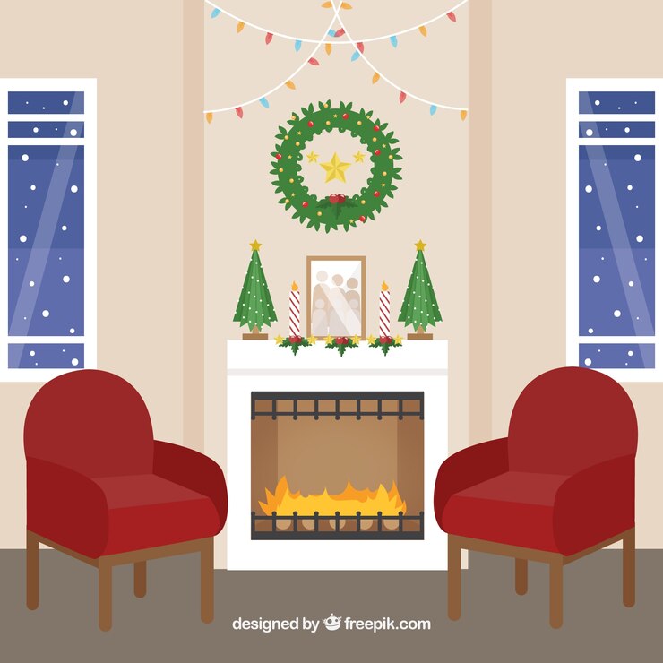 Vetor grátis bonito fundo de cena de natal com lareira