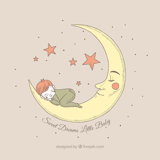 Vetor grátis bonito, fundo, menino, dormir, lua