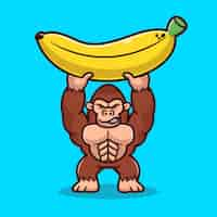 Vetor grátis bonito gorilla lift big banana cartoon ícone ilustração vetorial comida animal conceito ícone flat cartoon