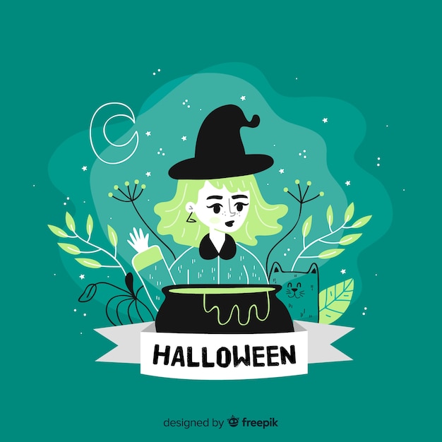 Bonito, mão verde, desenhado, bruxa halloween, fundo