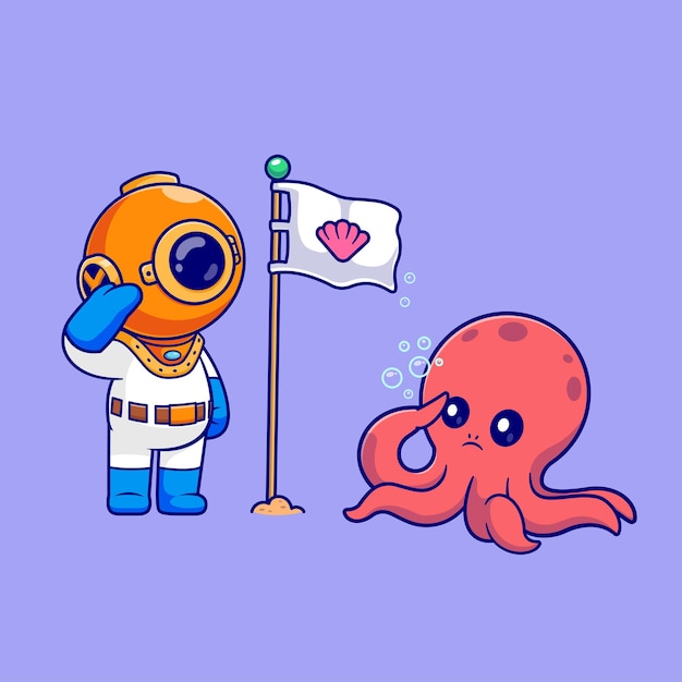 Bonito mergulhador e polvo respeitam a concha de pérola bandeira desenho animado vetor ícone ilustração ciência animal plano