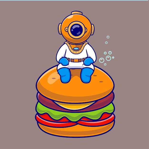 Bonito mergulhador sentado em um hambúrguer vector de desenho animado ícone ilustração ciência ícone de comida vector plano isolado