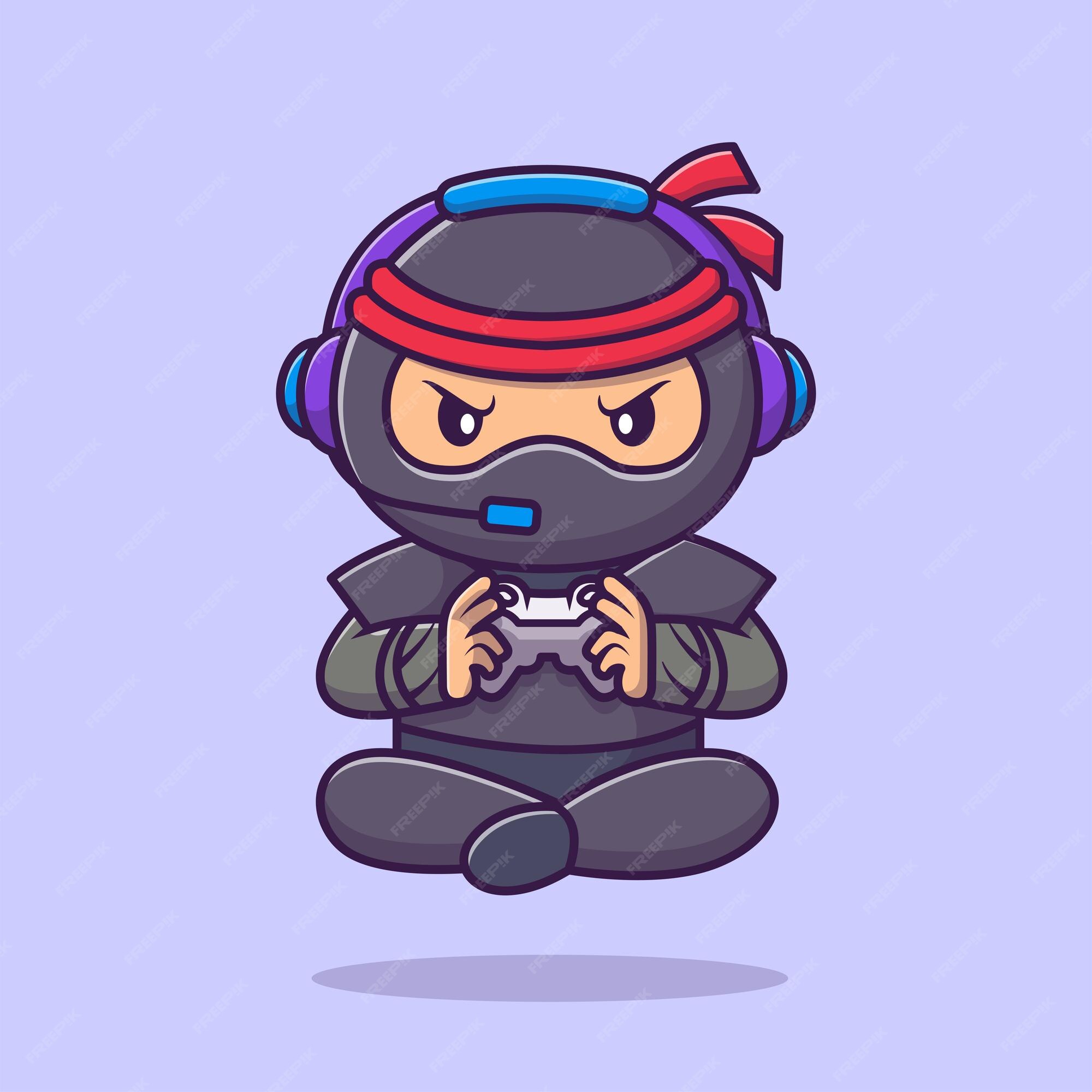 Ninja bonito trabalhando no laptop dos desenhos animados vetor ícone  ilustração pessoas ícone de tecnologia isolado plano