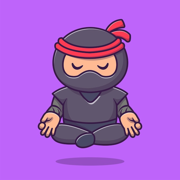 Vetor grátis bonito ninja meditação ioga desenhos animados ilustração ícone de esporte pessoas conceito de ícone do esporte isolado plano