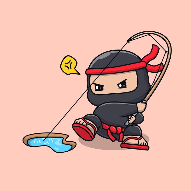 Vetor grátis bonito ninja pesca peixe desenhos animados vector ícone ilustração conceito de ícone de férias de pessoas isolado plano