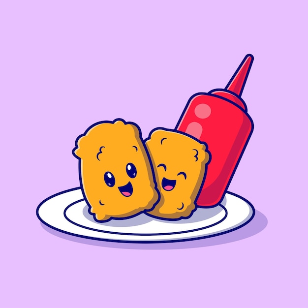 Vetor grátis bonito nuggets sorrir com molho desenhos animados ícone ilustração vetorial comida objeto ícone flat cartoon estilo