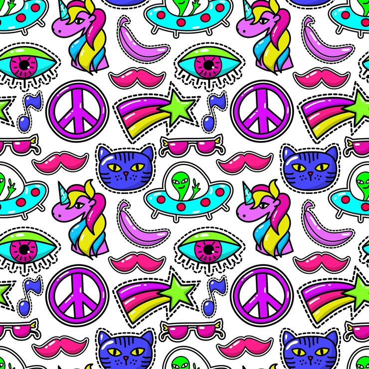 Vetor grátis bonito padrão sem emenda de patches com olho e bigode rosa, óculos escuros e estrela do arco-íris.