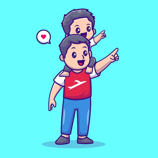 Bonito pai e filho apontando na ilustração de ícone de vetor de desenhos animados do céu. conceito de ícone de férias de pessoas é