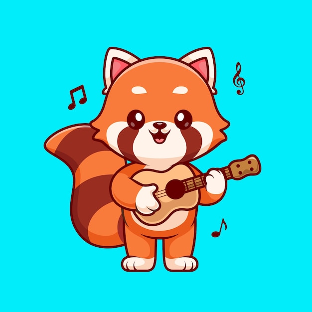 Bonito panda vermelho tocando guitarra ilustração do ícone do vetor dos desenhos animados. conceito de ícone de música animal isolado