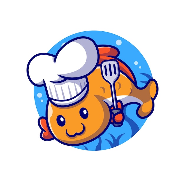 Vetor grátis bonito peixe chef com ilustração dos desenhos animados da espátula. conceito de profissão animal isolado. estilo flat cartoon