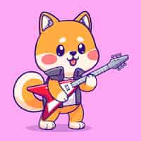 Vetor grátis bonito shiba inu tocando guitarra elétrica cartoon ícone ilustração vetorial ícone de música animal isolado
