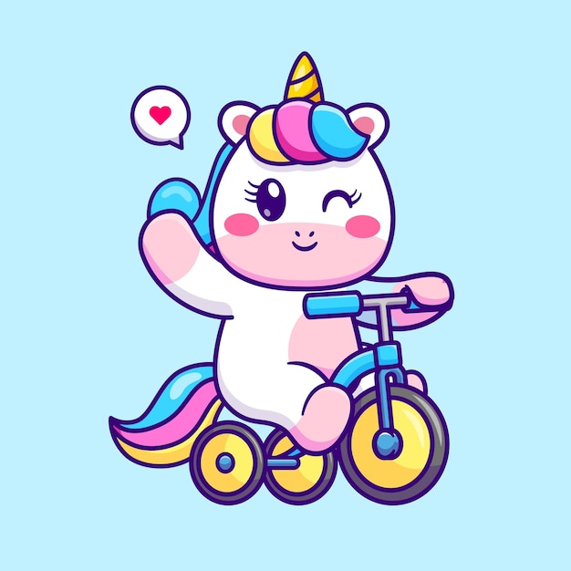 Bonito unicórnio andando de bicicleta e acenando a mão dos desenhos animados vetor ícone ilustração. transporte de animais