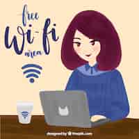 Vetor grátis bonito, wifi, fundo, mulher, laptop